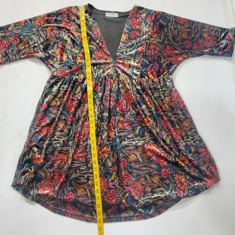 Natural Life Velvet Floral V-Neck Mini Dress Multi-Color Boho Bell Sleeve Small - Picture 6 of 10